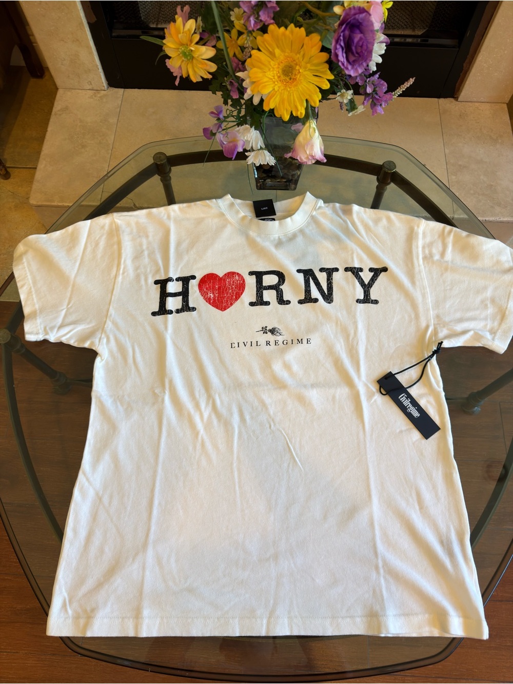 Size L - Civil Regime " HornyAmerican Classic " Oversized Tee in Butter